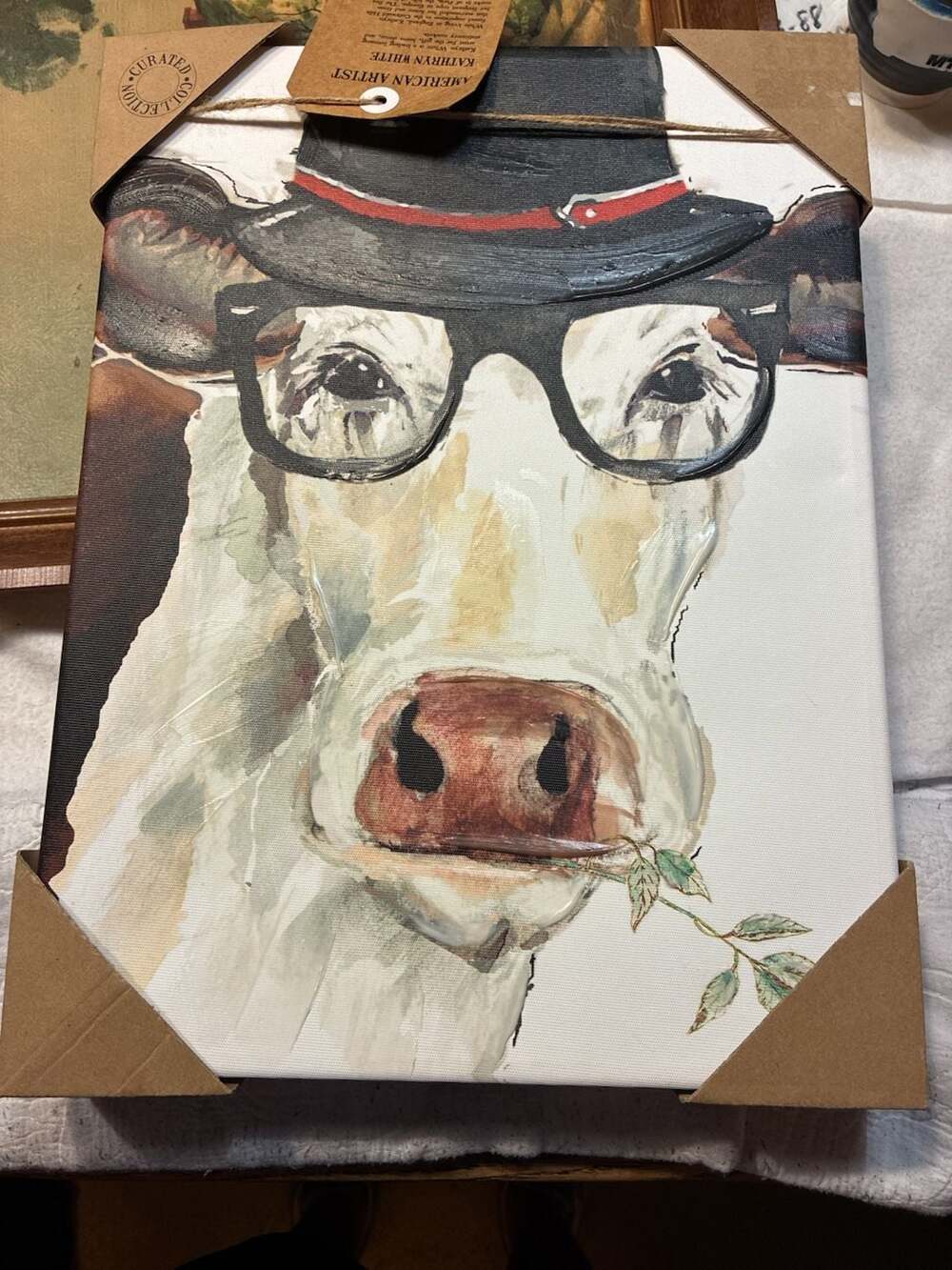 Kathryn White Curated Collection Hand-Embellished Cow Canvas Art 12x16